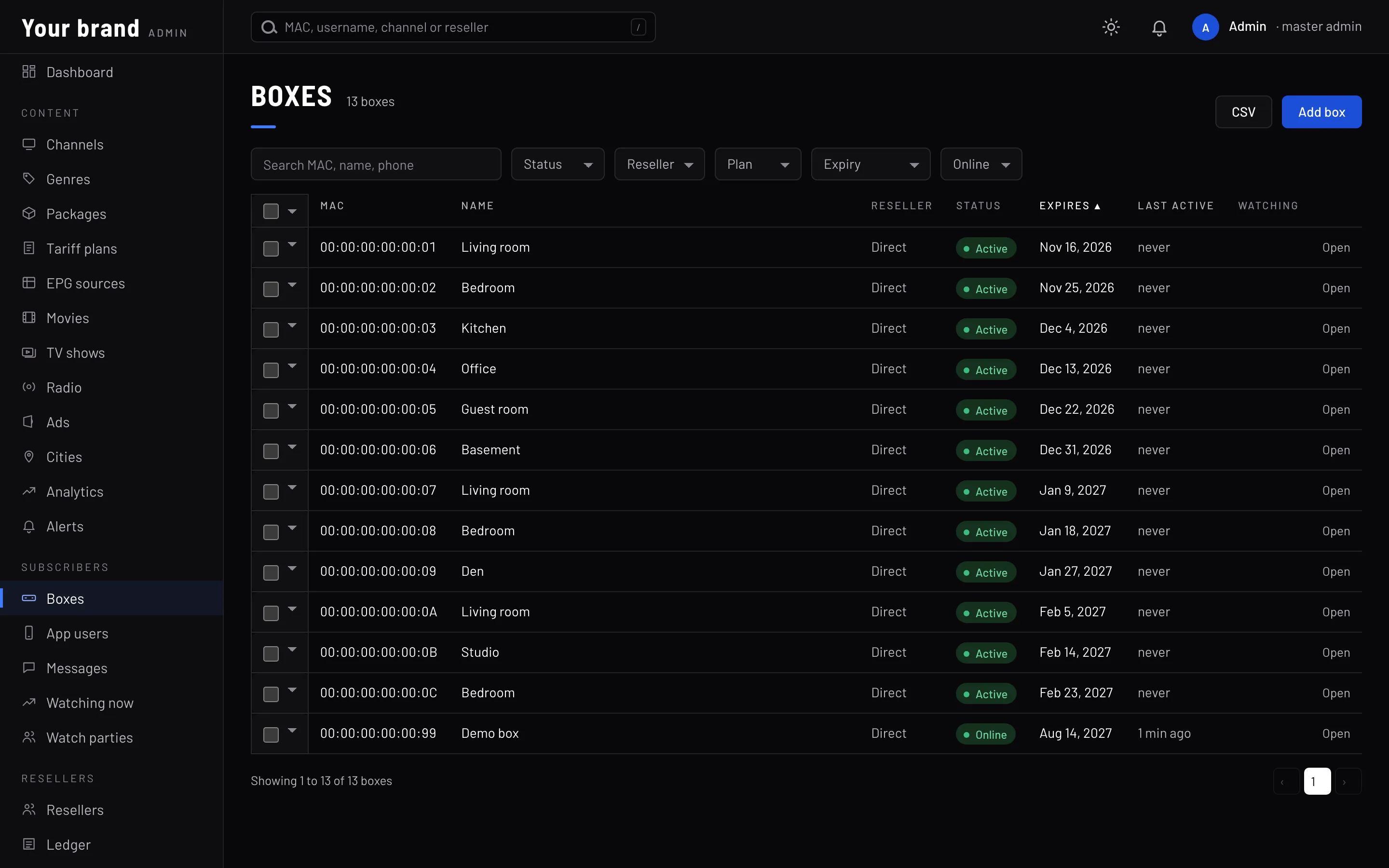 The admin panel's Boxes page in dark mode, listing sample boxes by MAC address with their status and expiry dates